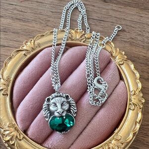 Gucci Silver Lion Pendant Necklace with Green Gemstone stone Emerald
